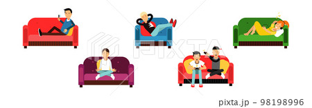 Man and Woman at Home Having Rest Relaxing on Sofa and Armchair Vector Set Man and Woman at Home Having Rest Relaxing on Sofa and Armchair Vector Set 98198996