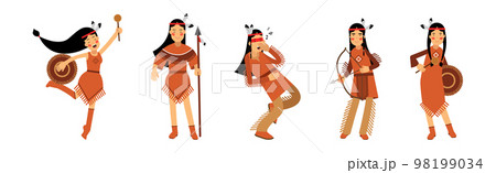 Red Indian or American Indians Man and Woman in National Clothing Vector Illustration Set Red Indian or American Indians Man and Woman in National Clothing Vector Illustration Set 98199034