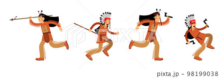 Red Indian or American Indians Man in National Clothing Vector Illustration Set Red Indian or American Indians Man in National Clothing Vector Illustration Set 98199038