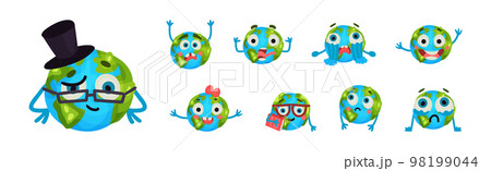 Funny Planet Earth with Face Expression and Arms Vector Set 98199044