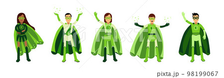 ECO Man and Woman Superhero Characters in Green Costume with Cape Vector Set 98199067