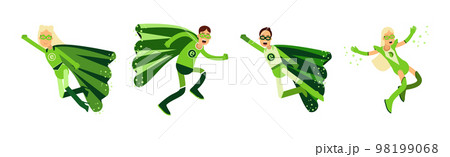 ECO Man and Woman Superhero Characters in Green Costume with Cape Vector Set 98199068