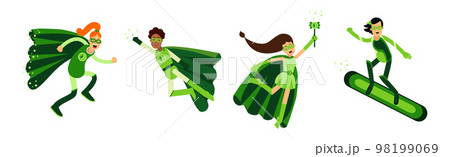 ECO Man and Woman Superhero Characters in Green Costume with Cape Vector Set ECO Man and Woman Superhero Characters in Green Costume with Cape Vector Set 98199069