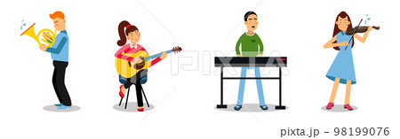 Man and Woman Artists Playing Musical Instruments on Stage Vector Set 98199076