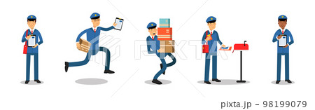 Postman or Mailman Character Delivering Letters and Parcels Vector Set Postman or Mailman Character Delivering Letters and Parcels Vector Set 98199079
