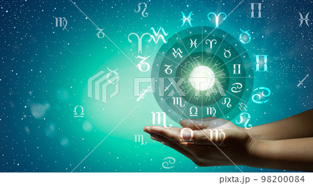 Astrological zodiac signs inside of horoscope circle. Astrology, knowledge of stars in the sky over the milky way and moon. The power of the universe concept. 98200084