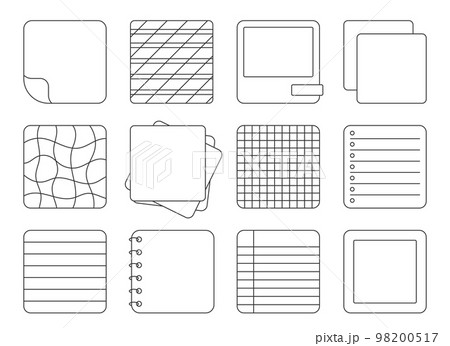 Paper note sticker square notepad black line set. Differ lined squared dotted paper note minimal blank white sticker planner notebook design page task do list reminder frame notebook outline isolated 98200517