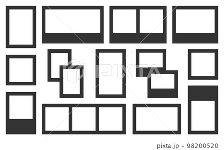 Photo frame mood board black silhouette set. Simple many shape collage design sticker planner horizontal vertical postcard layout retro shot social networking portfolio brand graphic poster isolated 98200520