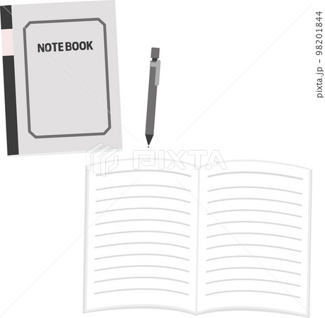閉じたノート、開いたノート、ペン 98201844