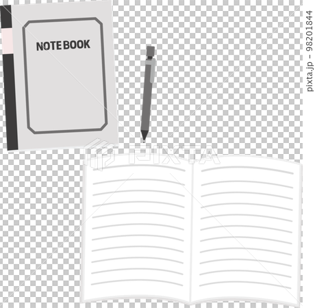 閉じたノート、開いたノート、ペン 98201844
