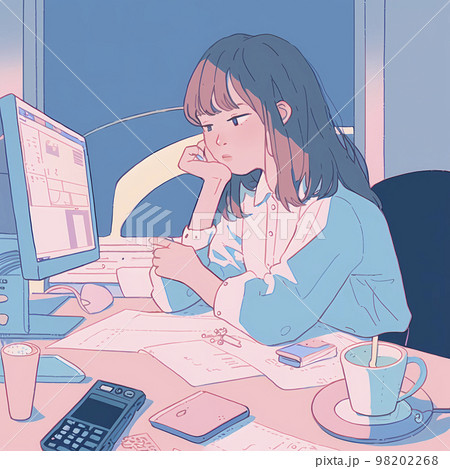 夜遅くまで残業するOL「AI生成画像」 98202268