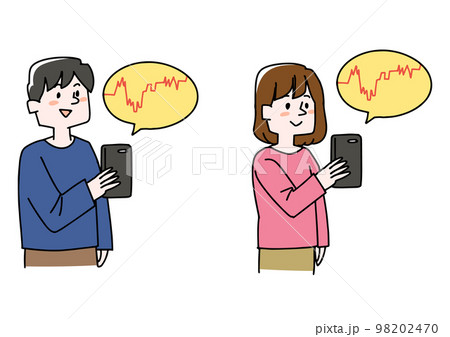 スマホで株価のチェックをしている男性と女性のセット 98202470