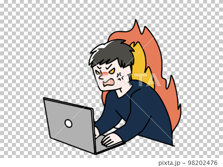 Illustration of a man who is furious in front of a personal computer 98202476