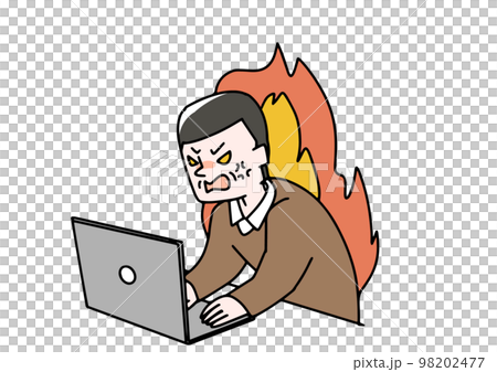 Illustration of a middle-aged man who is furious in front of a personal computer 98202477