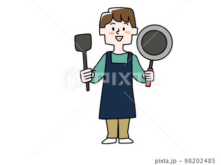 フライパンとフライ返しを持っている男性のイラスト 98202485