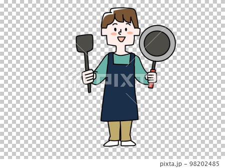 フライパンとフライ返しを持っている男性のイラスト 98202485