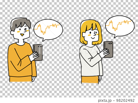A set of men and women checking stock prices on smartphones 98202492