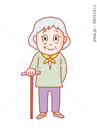 散歩好きな70代くらいのおばあさん。膝を悪くして杖をついている。近くの公園で日向ぼっこをする。 98202611