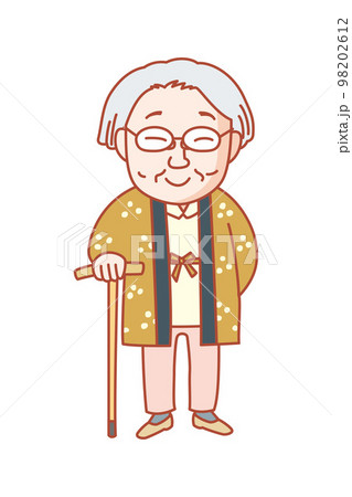 半纏を着て杖をついているおばあさん。料理が上手。猫を飼っている。半纏は手縫い。 98202612