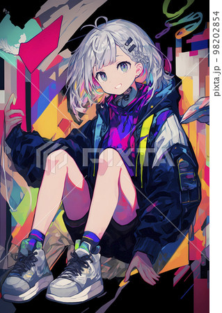 ストリートアートを背にして座るオーバーサイズのジャケットを着た少女「AI生成画像」 98202854