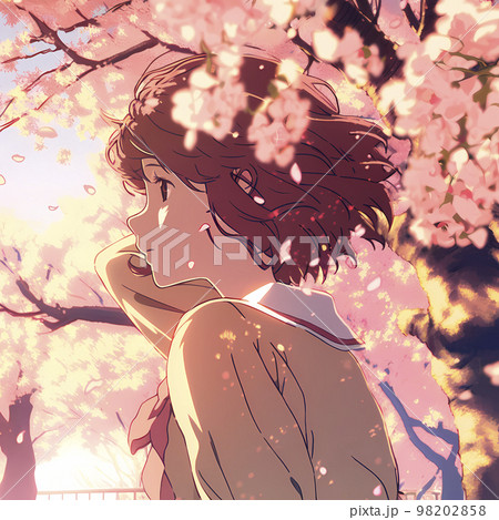 女子生徒　桜が満開の季節　卒業式　入学シーズン「AI生成画像」 98202858