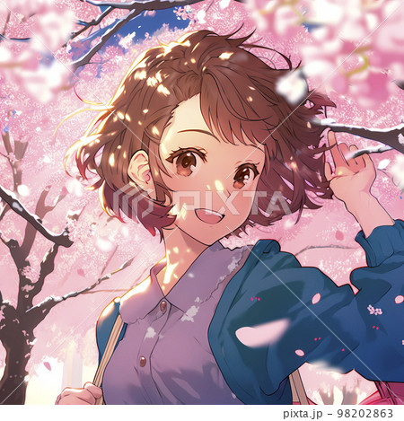 女子生徒　桜が満開の季節　卒業式　入学シーズン「AI生成画像」 98202863