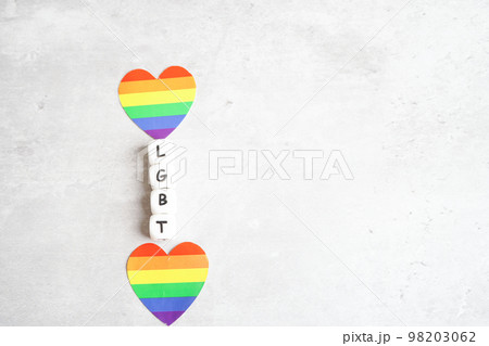 LGBT text character with rainbow flag heart for symbol of pride month lesbian, gay, bisexual, transgender, human rights, tolerance and peace. 98203062