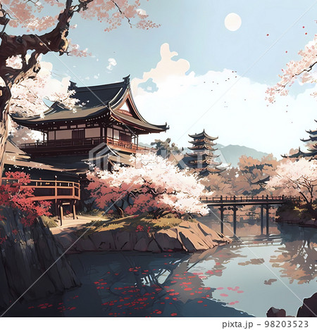 古い京都のような街並みの風景　満開の桜　ファンタジーの世界「AI生成画像」 98203523