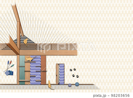 木造の部屋と日本の伝統模様「矢絣」、ネコと一緒に 98203656