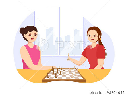 Chess Board Game Illustration with People Sitting Opposite and Playing for Web Banner or Landing Page in Cartoon Hand Drawn Templates Illustration 98204055