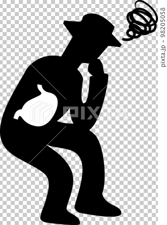 胃の調子が悪くて顎に手をあてて悩む男性のシルエット 胃の調子が悪くて顎に手をあてて悩む男性のシルエット 98205058