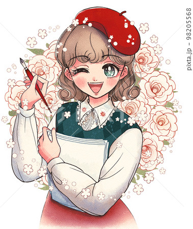 ベレー帽ショートカット女性イラスト レトロ美人画系イラスト・ベレー帽をかぶった芸術家の女の子のイラスト