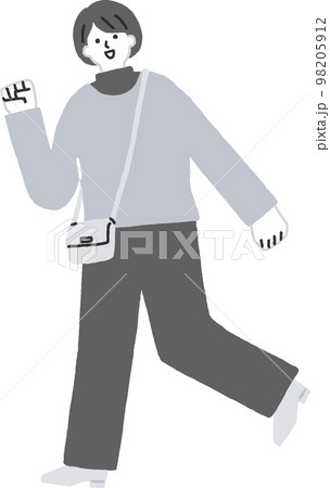 楽しくお出かけする女性のイラスト(モノクロ風) 楽しくお出かけする女性のイラスト(モノクロ風) 98205912