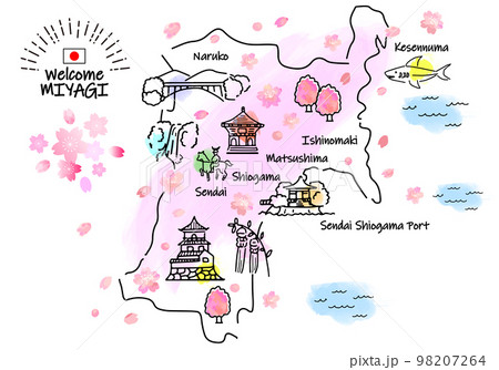 春の宮城県の観光地のシンプル線画イラストマップ（ピンク） 98207264