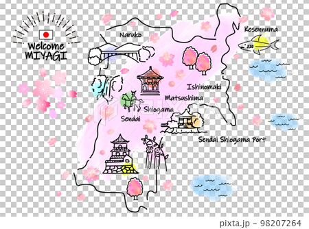 春の宮城県の観光地のシンプル線画イラストマップ（ピンク） 98207264