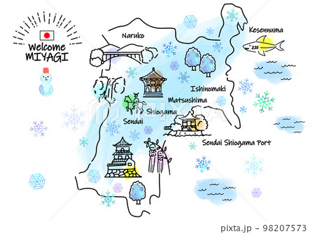 冬の宮城県の観光地のシンプル線画イラストマップ 98207573