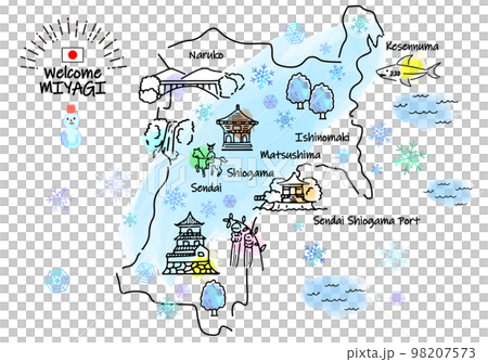 冬の宮城県の観光地のシンプル線画イラストマップ 98207573