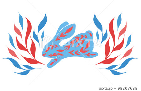 Vector card with blue and red silhouette decorated jumping rabbit in stems wreath. Contrast folk art hare with foliages. Horizontal clipart 98207638