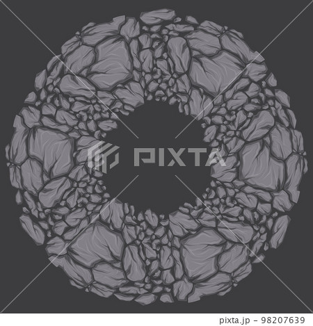 Vector round frame of broken stones and copy space. Earthquake danger. Circle clipart smashed rocks with cracks and place for text 98207639