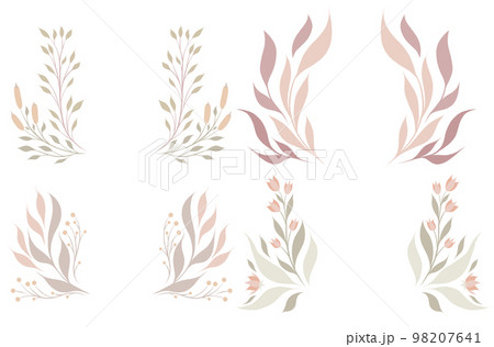 Vector set of wreaths of delicate twigs and stems with foliages. Collection of natural frames in pastel colors 98207641