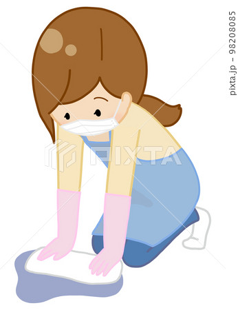 マスク・ゴム手袋・エプロンをして嘔吐物を処理する女性 98208085