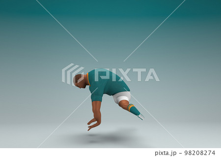 An athlete wearing a green shirt and white pants.  He is doing exercise. 3d rendering of cartoon character in acting. 98208274