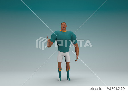 An athlete wearing a green shirt and white pants is expression of hand when talking. 3d rendering of cartoon character in acting. An athlete wearing a green shirt and white pants is expression of hand when talking. 3d rendering of cartoon character in acting. 98208299