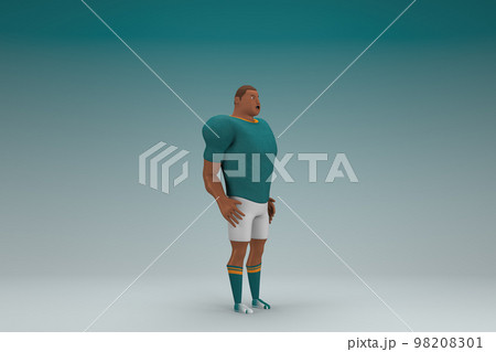 An athlete wearing a green shirt and white pants is expression of hand when talking. 3d rendering of cartoon character in acting. An athlete wearing a green shirt and white pants is expression of hand when talking. 3d rendering of cartoon character in acting. 98208301
