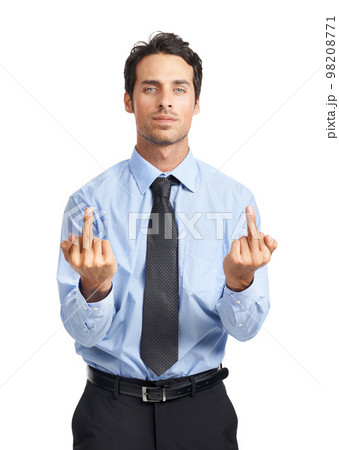 Anger, frustrated and portrait of a businessman with a middle finger on a white background. Angry, arrogant and executive man with a mean, aggressive and bad hand sign on a studio background Anger, frustrated and portrait of a businessman with a middle finger on a white background. Angry, arrogant and executive man with a mean, aggressive and bad hand sign on a studio background 98208771