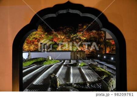 群馬県桐生市川内町　床もみじが有名な紅葉の名所宝徳寺にて本堂の庭園の枯山水と境内の紅葉のライトアップ 98209761