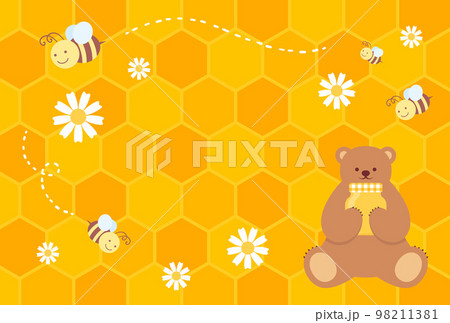 はちみつを持ったくま、みつばち、花、蜂の巣の背景イラスト 98211381