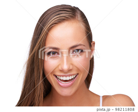Woman, face and beauty with hair and skincare with makeup and cosmetics isolated against white background. Cosmetic care portrait, wellness and hair care with keratin, skin glow and beauty treatment Woman, face and beauty with hair and skincare with makeup and cosmetics isolated against white background. Cosmetic care portrait, wellness and hair care with keratin, skin glow and beauty treatment 98211808