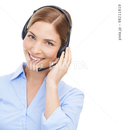 Call center, customer service and face portrait of woman in studio isolated on white background mock up. Crm, contact us and happy female telemarketing worker, consultant or sales agent from Canada. 98211819