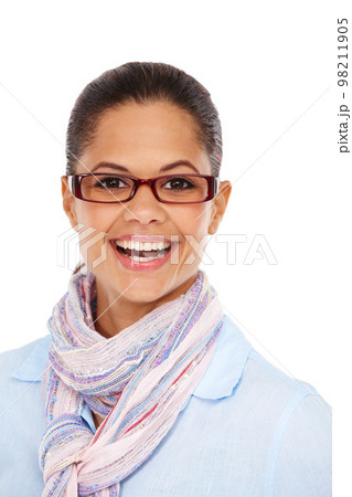Vision, happy or portrait black woman with glasses for optometry eyesight support, ocular eye care or optical healthcare. Lens frame studio, beauty headshot or model girl isolated on white background 98211905